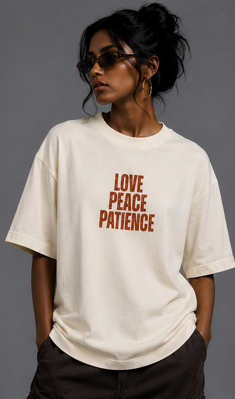 Women's Love Peace Patience Heavyweight Tee Front View