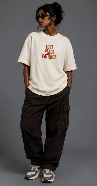 Women's Love Peace Patience Heavyweight Tee Model View